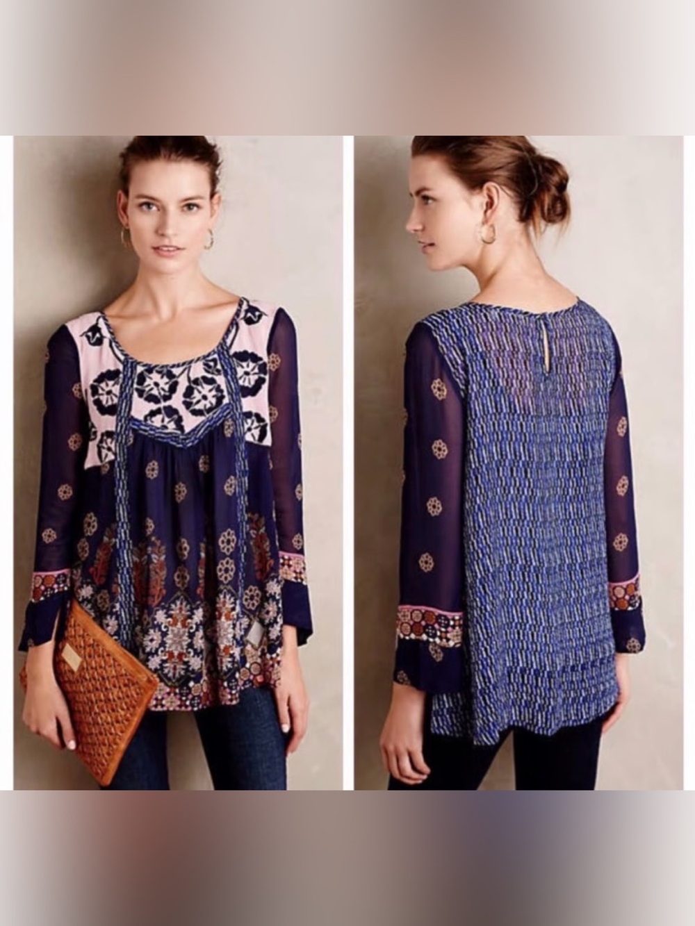 Anthropologie Navy Sheer Boho Embroidered Scoop-Neck Blouse